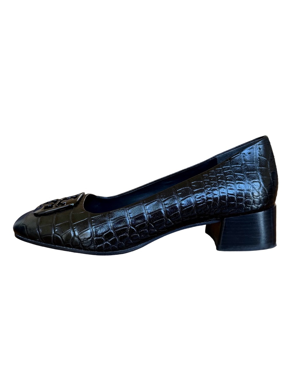 Tory Burch Georgia Black Croc Embossed Leather Block Heel Pumps Size 7M